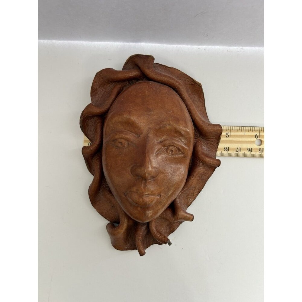 Vintage Leather Molded Hand-Tooled Tribal Face Art Mask Brown Wall Hanging Decor - Picture 3 of 8